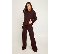 boohoo Women's Petite Chunky Rib Button Hem Detail Crew Neck Jumper & Straight Leg Trouser Co-Ord in Chocolate | Size: Medium