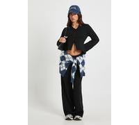 boohoo Women's Petite Collar Detail Button Down Knitted Cardigan & Straight Leg Trouser Co-Ord in Black | Size: Large