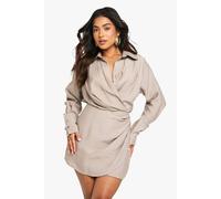 boohoo Women's Petite Collared Wrap Shirt Dress in Mocha | Size: 16
