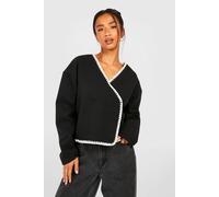 boohoo Women's Petite Contrast Stitch Wool Look Boxy Jacket in Black | Size: 16