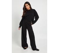 boohoo Women's Petite Crew Neck Jumper & Wide Leg Trouser in Black | Size: Large