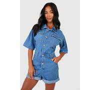 boohoo Women's Petite Denim Roll Hem Playsuit in Blue | Size: 6