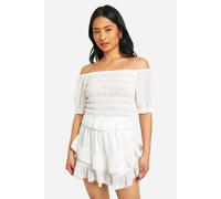 boohoo Women's Petite Dobby Shirred Puff Sleeve Crop Top in White | Size: 8