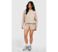 boohoo Women's Petite Dsgn Studio Bomber Short Tracksuit in Stone | Size: Small