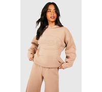 boohoo Women's Petite Dsgn Studio Embossed Knitted Hoodie in Stone | Size: Large