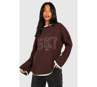 boohoo Women's Petite Embroidered Rib Knit Jumper in Chocolate | Size: 8