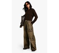 boohoo Women's Petite Faded Denim Leopard Print Wide Leg Jean in Animal | Size: 16