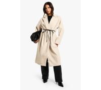 boohoo Women's Petite Faux Leather Belt Wool Look Coat in Mushroom | Size: 6