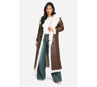 boohoo Women's Petite Faux Leather Longline Coat in Brown | Size: 14