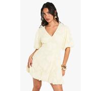 boohoo Women's Petite Floral Burnout Plunge Puffball Mini Dress in Lemon | Size: 10
