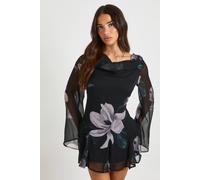 boohoo Women's Petite Floral Long Sleeve Chiffon Mini Dress in Black | Size: 16