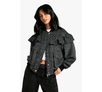 boohoo Women's Petite Frill Detail Wool Look Bomber Jacket in Black/White | Size: 8