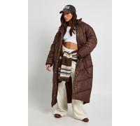 boohoo Women's Petite Hooded Quilt Detail Maxi Puffer in Chocolate | Size: 6