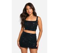 boohoo Women's Petite Hotfix Diamante Crop & Mini Skirt Co-Ord in Black | Size: 10