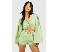 boohoo Women's Petite Linen Look Belted Short in Sage | Size: 16