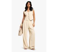 Boohoo Petite Linen Look Essential Wide Leg Trouser In Ecru ecru 8