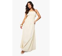 boohoo Women's Petite Linen Look Stripe Shirred Maxi Dress in Ecru | Size: 18