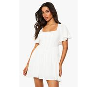 boohoo Women's Petite Linen Mix Corset Angel Sleeve Skater Dress in Ivory | Size: 8