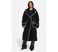 boohoo Women's Petite Longline Blanket Stitch Teddy Jacket in Black | Size: 10