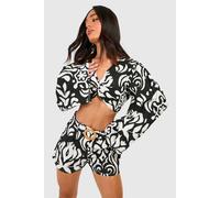 boohoo Women's Petite Mono Print Linen Look Belted Short | Size: 6