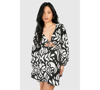 boohoo Women's Petite Mono Printed Linen Look Mini Dress | Size: 12