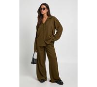 boohoo Women's Petite Oversized Shirt & Wide Leg Trouser Co-Ord in Olive | Size: 8