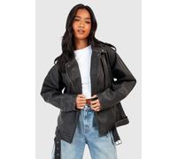boohoo Women's Petite Oversized Vintage Faux Leather Biker Jacket in Black | Size: 12