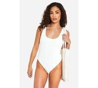 boohoo Women's Petite Premium Crinkle Scoop Neck Swimsuit in White | Size: 8