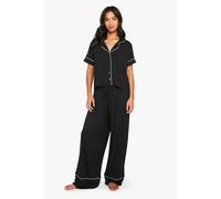 boohoo Women's Petite Premium Modal Piping Detail Short Sleeve Shirt & Trousers Pyjama Set in Black | Size: 4