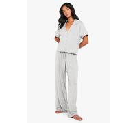 boohoo Women's Petite Premium Modal Piping Detail Short Sleeve Shirt & Trousers Pyjama Set in Grey Marl | Size: 4