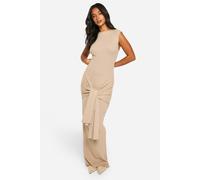 boohoo Women's Petite Premium Rib Knit Tie Waist Detail Maxi Dress in Oatmeal | Size: Small