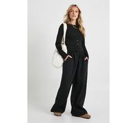 boohoo Women's Petite Rib Button Through Long Sleeve Tracksuit in Black | Size: Small