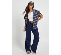 boohoo Women's Petite Rib Wide Leg Trouser in Navy | Size: 14