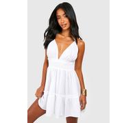 boohoo Women's Petite Ruched Waist Frill Halter Neck Beach Dress in White | Size: 14