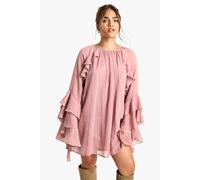 boohoo Women's Petite Ruffle Flare Sleeve Mini Shift Dress in Blush | Size: 10