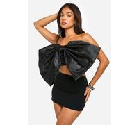 boohoo Women's Petite Satin Bow Crop Top in Black | Size: 6