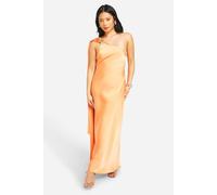 boohoo Women's Petite Satin Draped Shoulder Maxi Dress in Coral | Size: 14