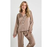 boohoo Women's Petite Satin Piping Detail Long Sleeve Shirt & Trousers Pyjama Set in Mocha | Size: 16