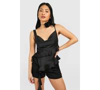 boohoo Women's Petite Satin Ruffle Detail Top in Black | Size: 10