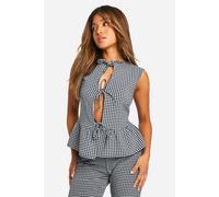 boohoo Women's Petite Seersucker Gingham Tie Front Peplum Top in Black | Size: 10