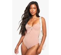 boohoo Women's Petite Seersucker Gingham Underwired Swimsuit in Chocolate | Size: 10