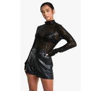boohoo Women's Petite Sequin High Neck Long Sleeved Top in Black | Size: 14