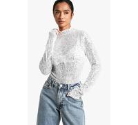 boohoo Women's Petite Sequin High Neck Long Sleeved Top in Silver | Size: 8