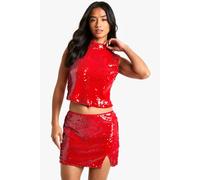boohoo Women's Petite Sequin High Neck Top in Red | Size: 6