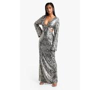 boohoo Women's Petite Sequin Twist Front Maxi Dress in Gun Metal | Size: 8