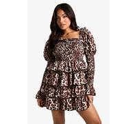 boohoo Women's Petite Shirred Leopard Shirred Tiered Ruffle Skater Dress in Animal | Size: 6