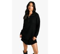 boohoo Women's Petite Soft Knit Thick Rib Zip Neck Oversize Mini Dress in Black | Size: 6