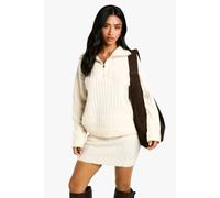 boohoo Women's Petite Soft Knit Thick Rib Zip Neck Oversized Jumper & Mini Skirt Set in Ecru | Size: XS