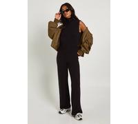 boohoo Women's Petite Split Neck Collar Super Soft Knitted Tank & Straight Leg Trouser Co-Ord Top in Black | Size: Large