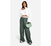 boohoo Women's Petite Stripe Contrast Waistband Wide Leg Trouser in Green | Size: 6
